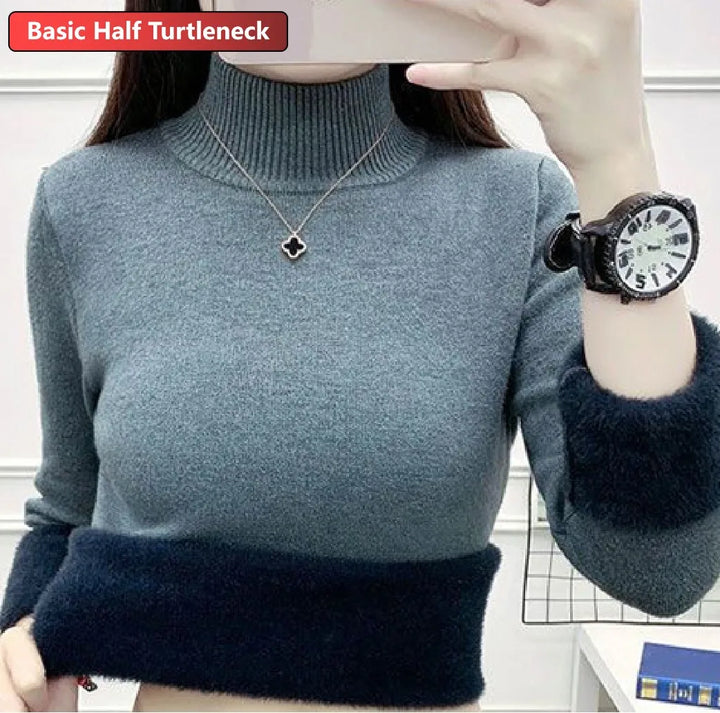 Turtleneck Winter Sweater Women Elegant Thicken Velvet Lined Warm Sueter Knitted Pullover Slim Tops Jersey Knitwear Jumper New