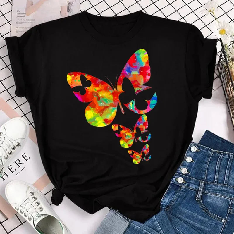 Women's Colorful Butterfly Petal Print T-Shirt, Short Sleeve, Round Neck, Cute Graphic Tee Shirts, Female Tops Clothes