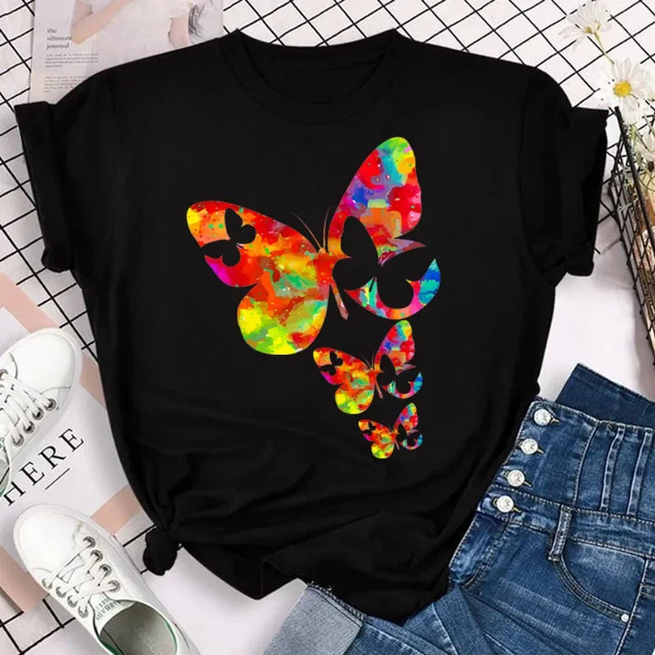 Women's Colorful Butterfly Petal Print T-Shirt, Short Sleeve, Round Neck, Cute Graphic Tee Shirts, Female Tops Clothes