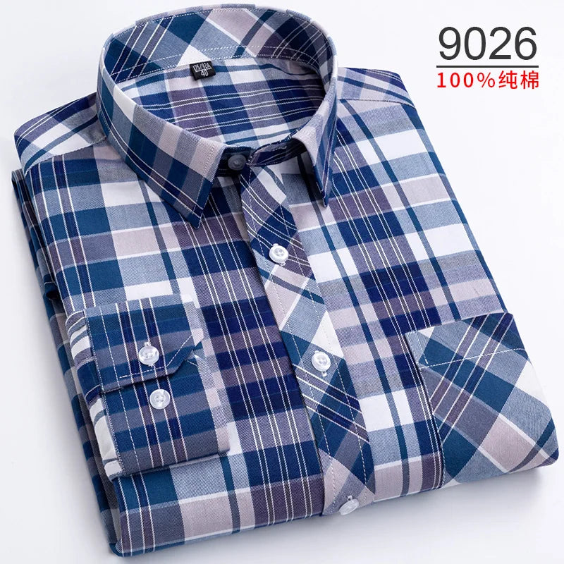 Plus Size S-8XL Men's Plaid Shirt Long Sleeve 100% Cotton Casual Slim Buttons Business Social Dress Shirts Blouse Men Clothing