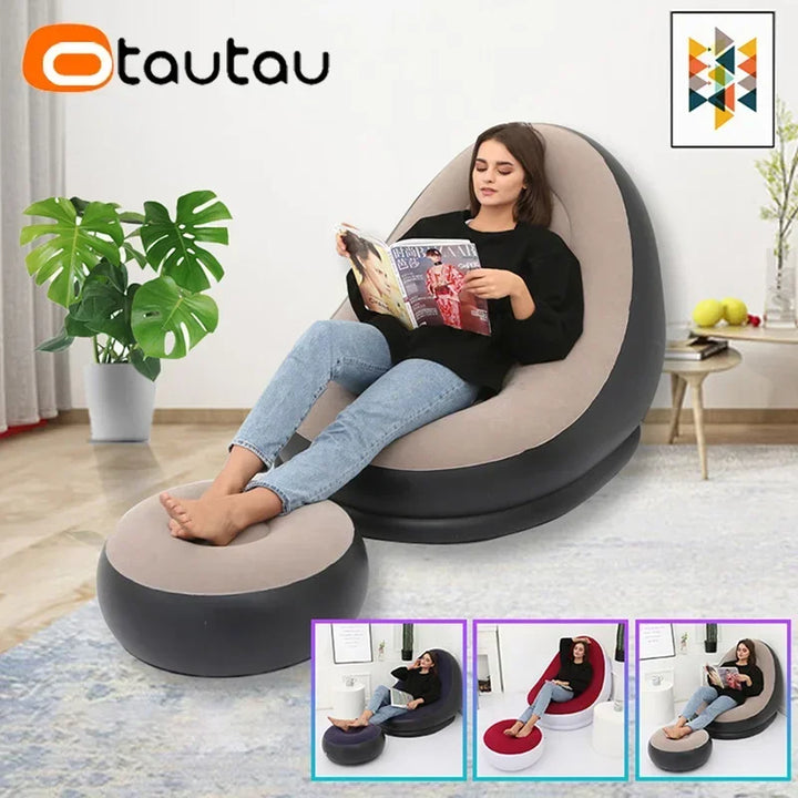 OTAUTAU Inflatable Lazy Sofa Chair PVC Flocking Foldable Sofa with Slip-on Lunch Lounge Chair Set