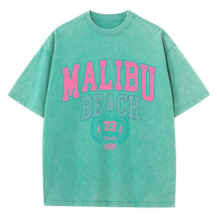 Malibu Beach Washed T-Shirt Women Letter Printing Cotton T Shirt Comfortable Crewneck Tops Casual Oversized Tees Female Clothes