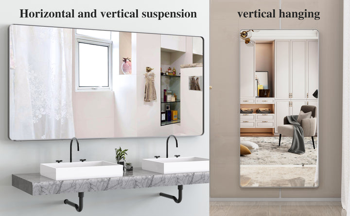 Large bathroom mirror with movable tray wall mounted mirror, vertically and horizontally suspended aluminum frame wall mounted m