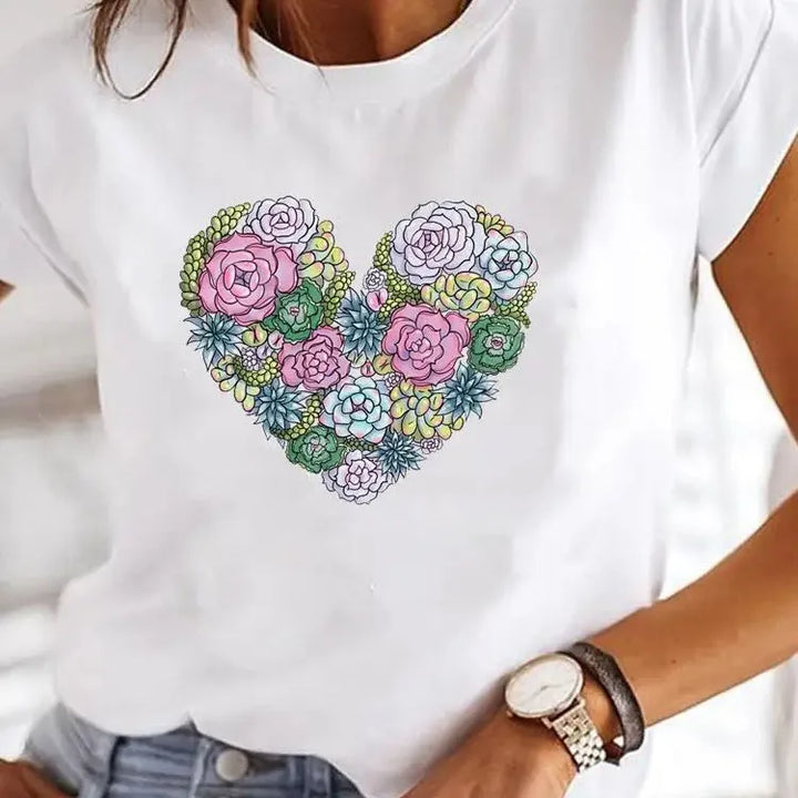 Love Heart Print Women Summer T Shirt Girl O Neck Funny Y2K Tops Tee Female 90s Casual Clothing