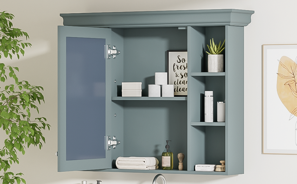 35 ''x 28' 'blue wall mounted bathroom storage cabinet with mirror door and medication cabinet with 6 open shelves