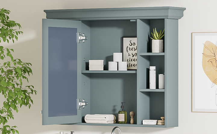 35 ''x 28' 'blue wall mounted bathroom storage cabinet with mirror door and medication cabinet with 6 open shelves