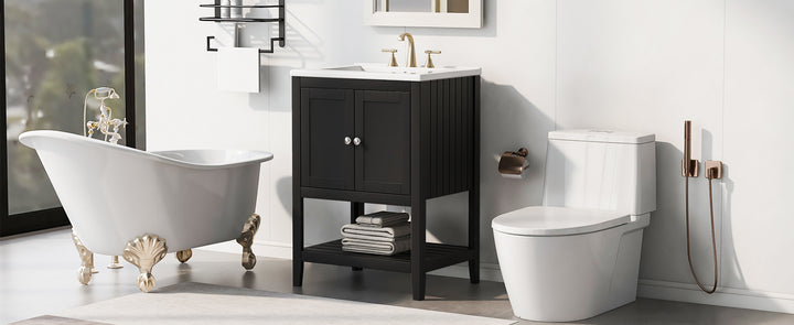 24 inch Modern Black Bathroom Cabinet With Ceramic Sink & Solid Wood Frame