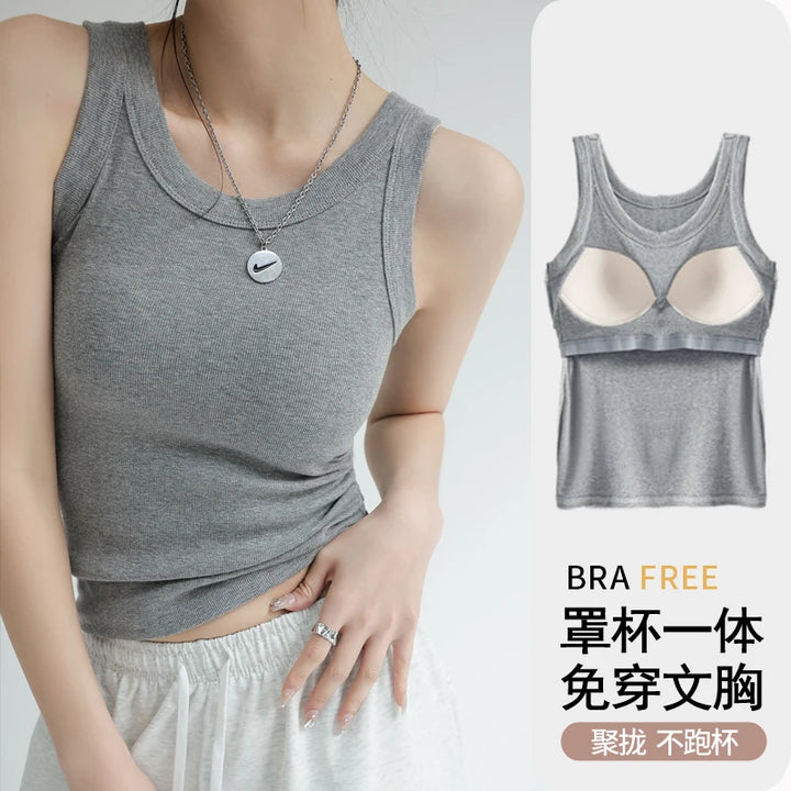 Ribbed Knitted Tops Neck Summer Basic Shirts White Black Casual Sport Vest Off Shoulder  Women's Tank TopWith chest pad