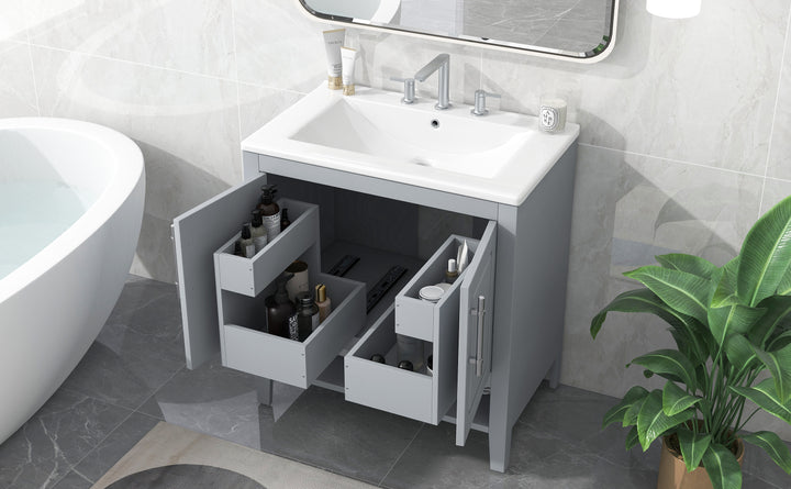 30" Bathroom Vanity with Sink, Multi-functional Bathroom Cabinet with Doors and Drawers, Solid Frame and MDF Board, Grey