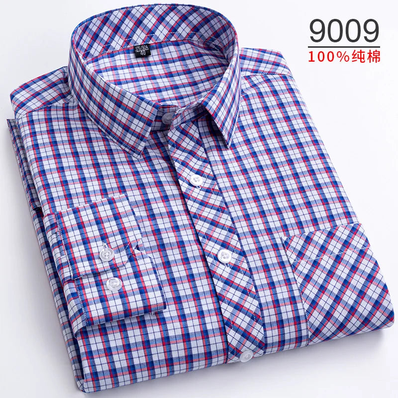 Plus Size S-8XL Men's Plaid Shirt Long Sleeve 100% Cotton Casual Slim Buttons Business Social Dress Shirts Blouse Men Clothing