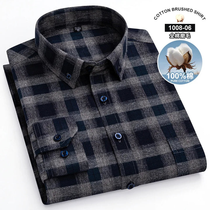 S~7Xl Large Size Men's Classic Brushed Plaid Long-Sleeved Shirt High-Quality Pure Cotton Casual All-Match Shirt Men's Clothing