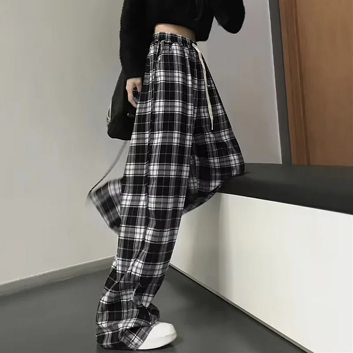 2025 Thin Women Korean Version of High-waisted Wide-leg Pants Casual Straight Hit Color Plaid Elastic Waist Dragging Pants