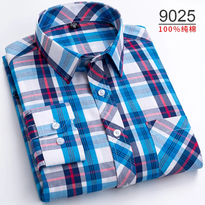 Plus Size S-8XL Men's Plaid Shirt Long Sleeve 100% Cotton Casual Slim Buttons Business Social Dress Shirts Blouse Men Clothing