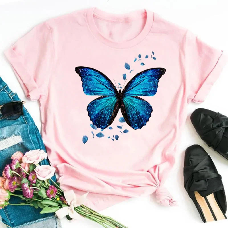 Women's Colorful Butterfly Petal Print T-Shirt, Short Sleeve, Round Neck, Cute Graphic Tee Shirts, Female Tops Clothes