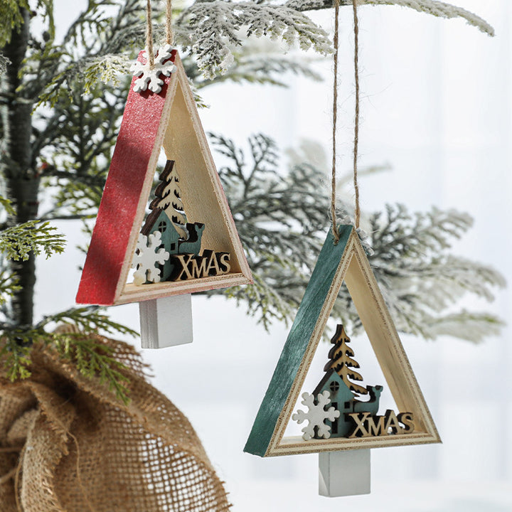 Christmas Pendant Christmas Tree Red and Green Pendant Wooden Triangle Pendant for Shopping Mall Decoration Props