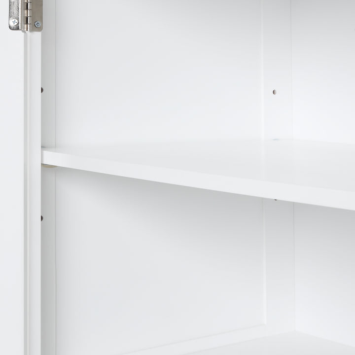 Tall bathroom storage cabinet with two drawers and adjustable shelves for independent storage