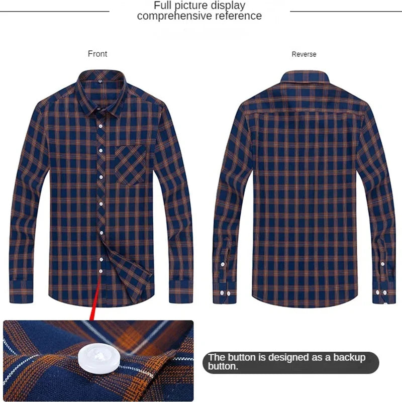 Plus Size S-8XL Men's Plaid Shirt Long Sleeve 100% Cotton Casual Slim Buttons Business Social Dress Shirts Blouse Men Clothing