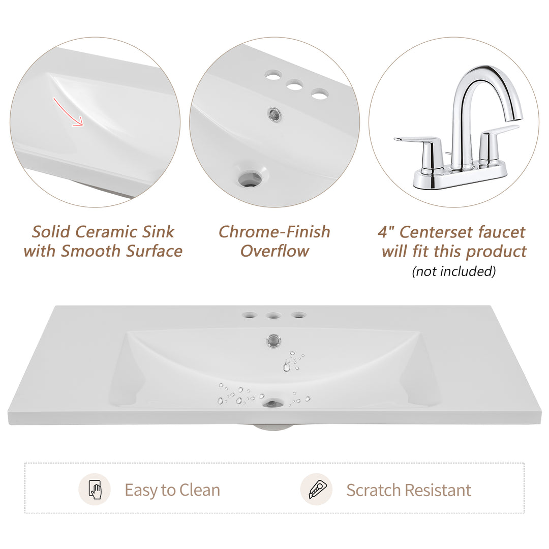 36 Inch Single White Basin Ceramic Bathroom Vanity Top With Predrilled Faucet Holes