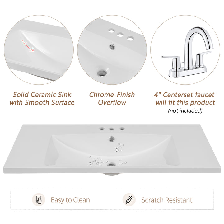 36 Inch Single White Basin Ceramic Bathroom Vanity Top With Predrilled Faucet Holes