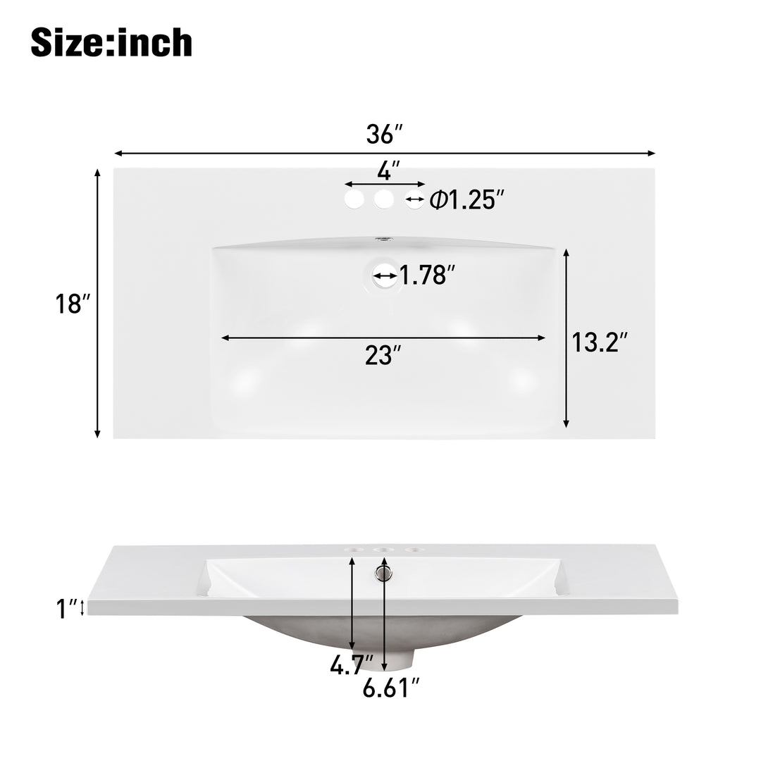 36" Single Bathroom Basin Sink, Vanity Top Only, 3-Faucet Holes, Resin