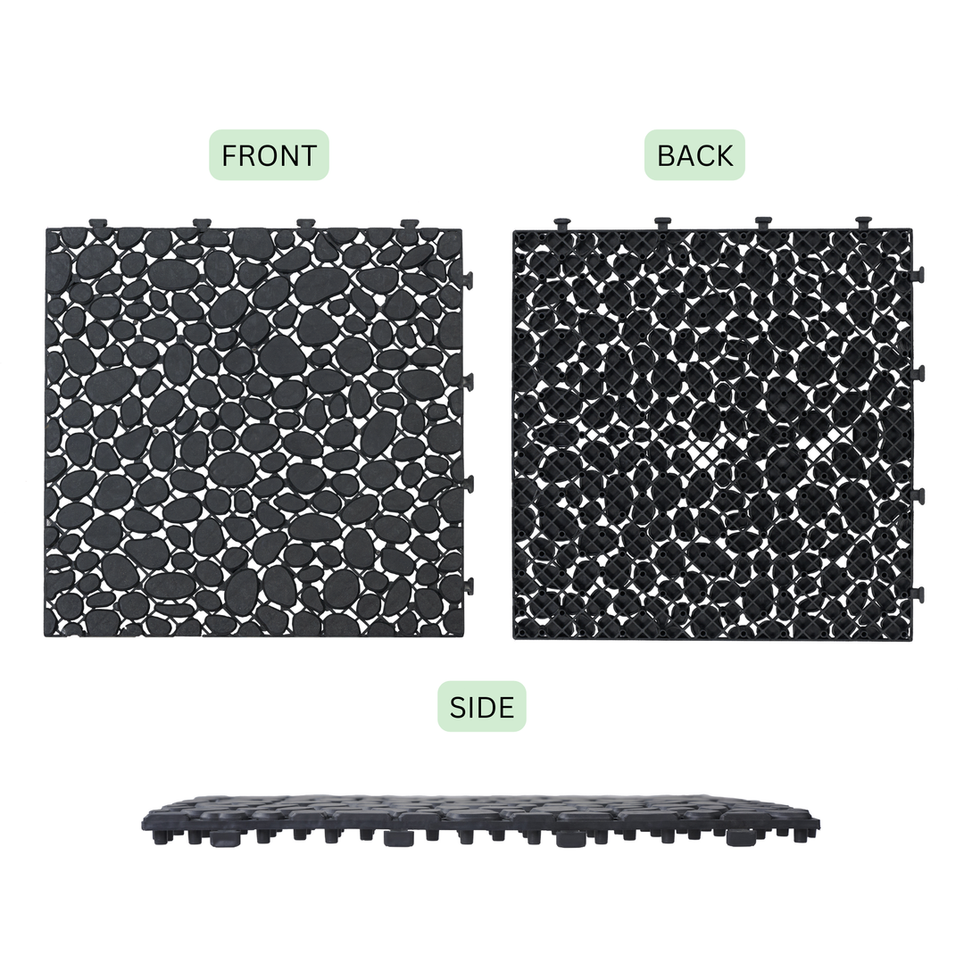 12x12 Inch Black Interlocking Waterproof Snap On Deck Tiles Pebble Pattern (Pack of 12)