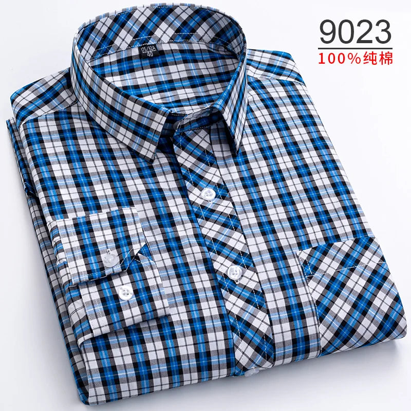 Plus Size S-8XL Men's Plaid Shirt Long Sleeve 100% Cotton Casual Slim Buttons Business Social Dress Shirts Blouse Men Clothing