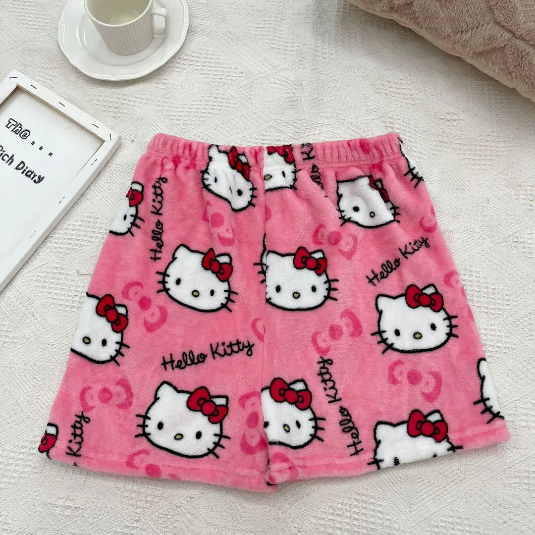 Sanrio Hello Kitty Y2k Kawaii Anime Flannel Pajamas Women'S Warm Woolen Cartoon Casual Home Pants Autumn Winter Fashion Trousers