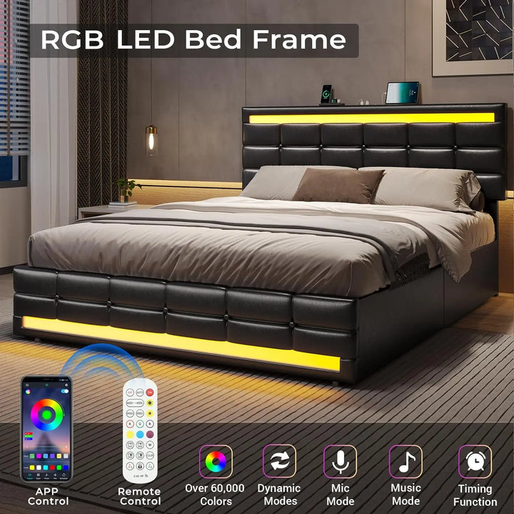 LED Bed Frame w 4 Drawers and 2 USB Charging Station, Upholstered Platform Queen Size Bed Frame w LED Lights Headboard Footboard