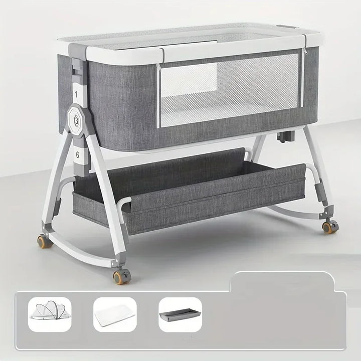 Foldable Baby Crib, Movable Baby Rocking Bed, Spliced Large Bed, Multifunctional, Foldable, Adjustable Height, Spliced