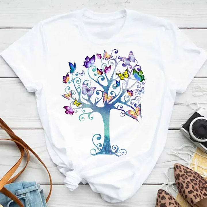 Women's Colorful Butterfly Petal Print T-Shirt, Short Sleeve, Round Neck, Cute Graphic Tee Shirts, Female Tops Clothes