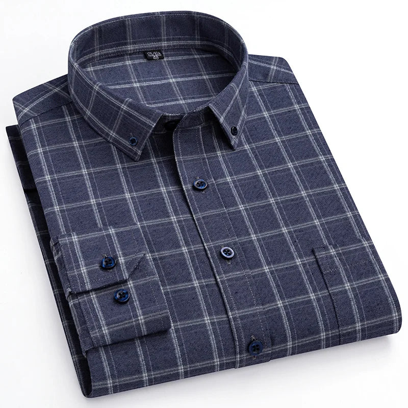 S~7Xl Large Size Men's Classic Brushed Plaid Long-Sleeved Shirt High-Quality Pure Cotton Casual All-Match Shirt Men's Clothing