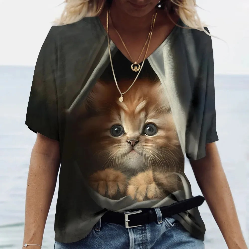 Fashion Women's T-shirt Cat Printed Short Sleeve Female Harajuku Tees Ladies T Shirt Oversized V-neck Tops Animal Women Clothing