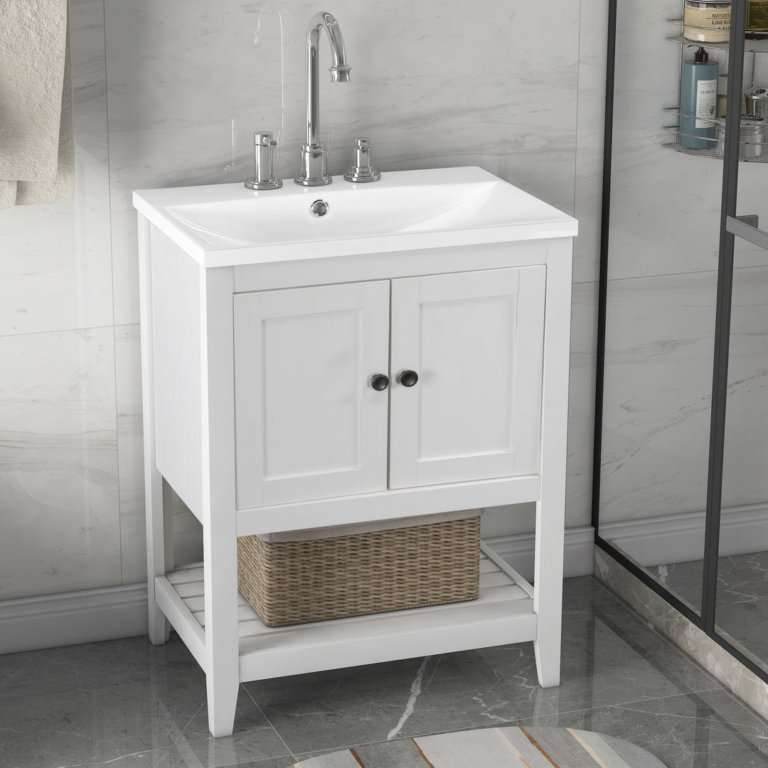 24 inch Bathroom Cabinet With Ceramic Sink & Solid Wood Frame