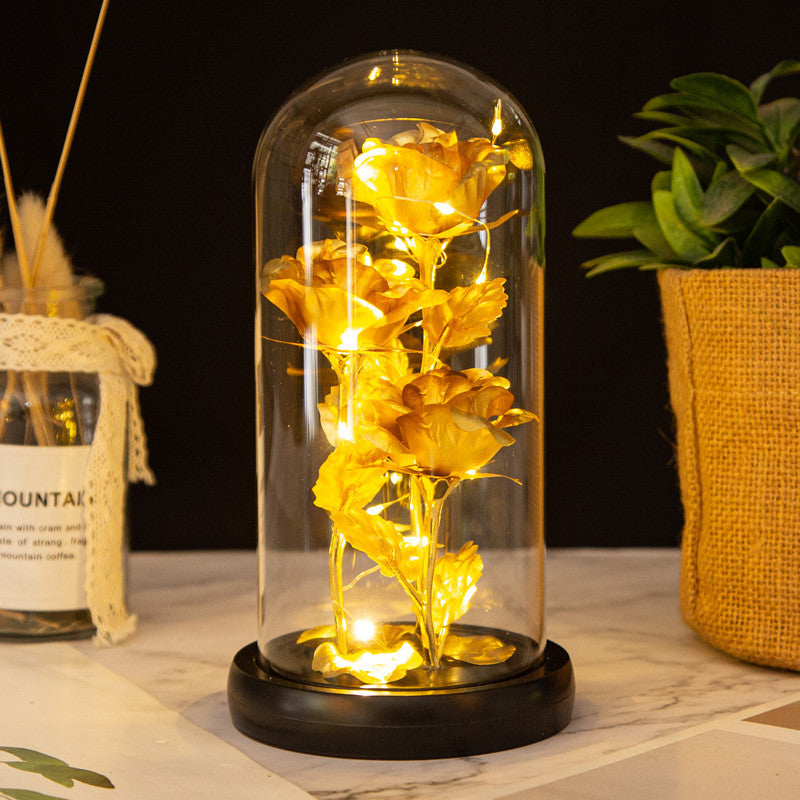 Valentine's Mother's Day Gift: Three Glass Cover Gold Foil Roses Ornament, Eternal Flower LED Night Light