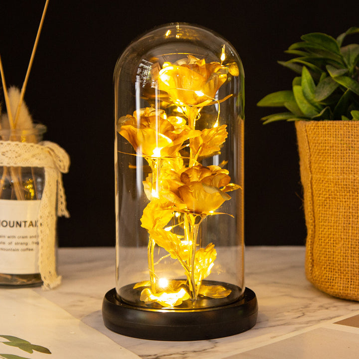 Valentine's Mother's Day Gift: Three Glass Cover Gold Foil Roses Ornament, Eternal Flower LED Night Light