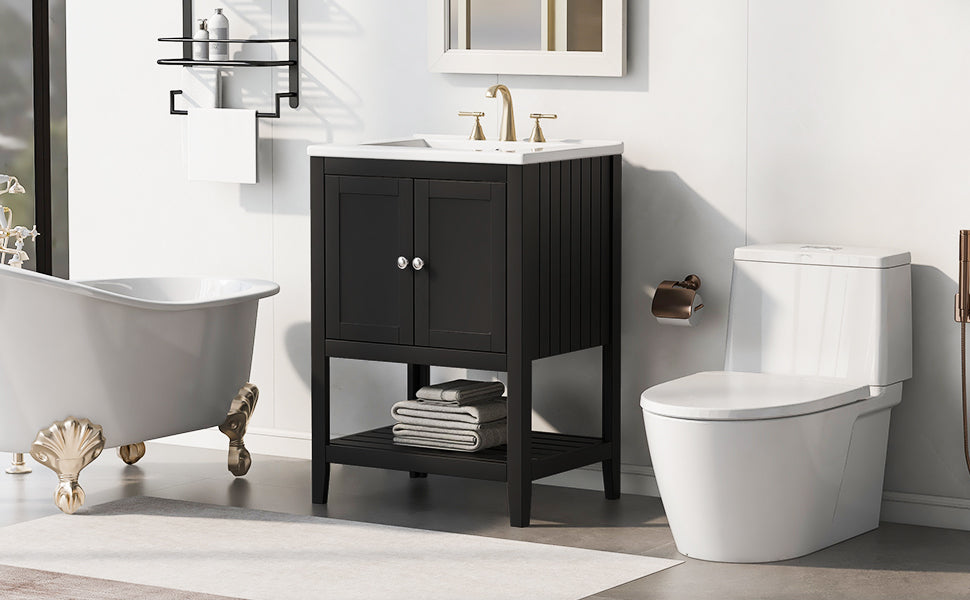 24 inch Modern Black Bathroom Cabinet With Ceramic Sink & Solid Wood Frame