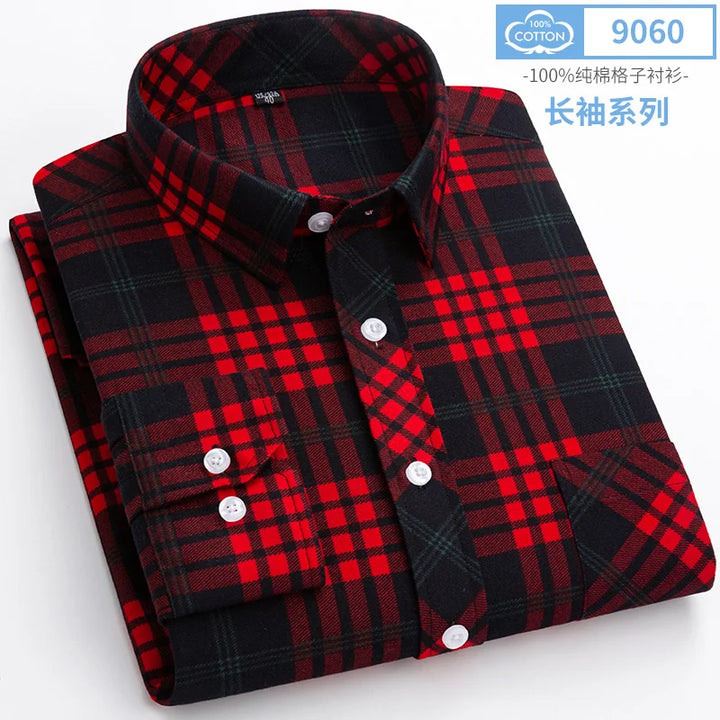 Plus Size S-8XL Men's Plaid Shirt Long Sleeve 100% Cotton Casual Slim Buttons Business Social Dress Shirts Blouse Men Clothing