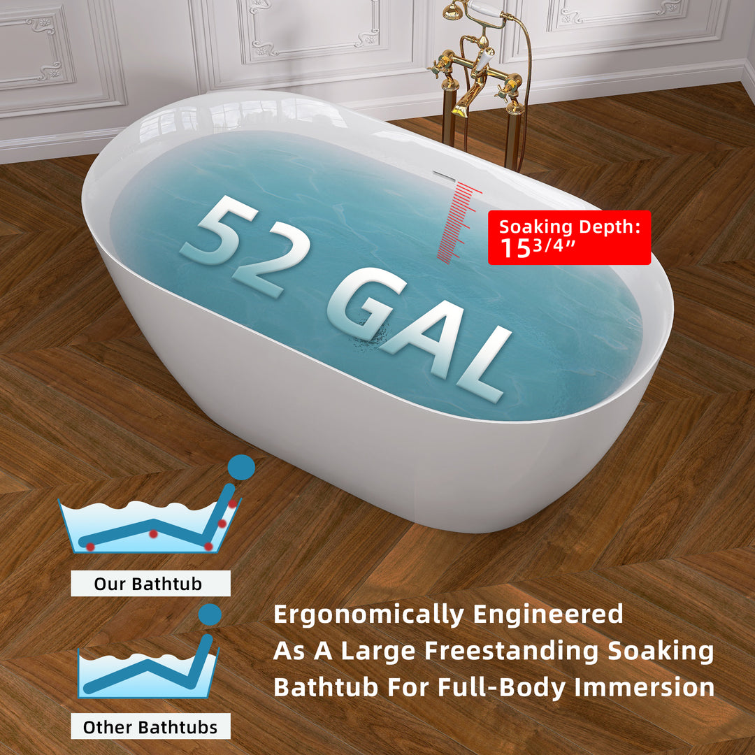 51 Inch Acrylic Freestanding Bathtub Contemporary Soaking White Tub with Overflow and Pop-up Drain Glossy White