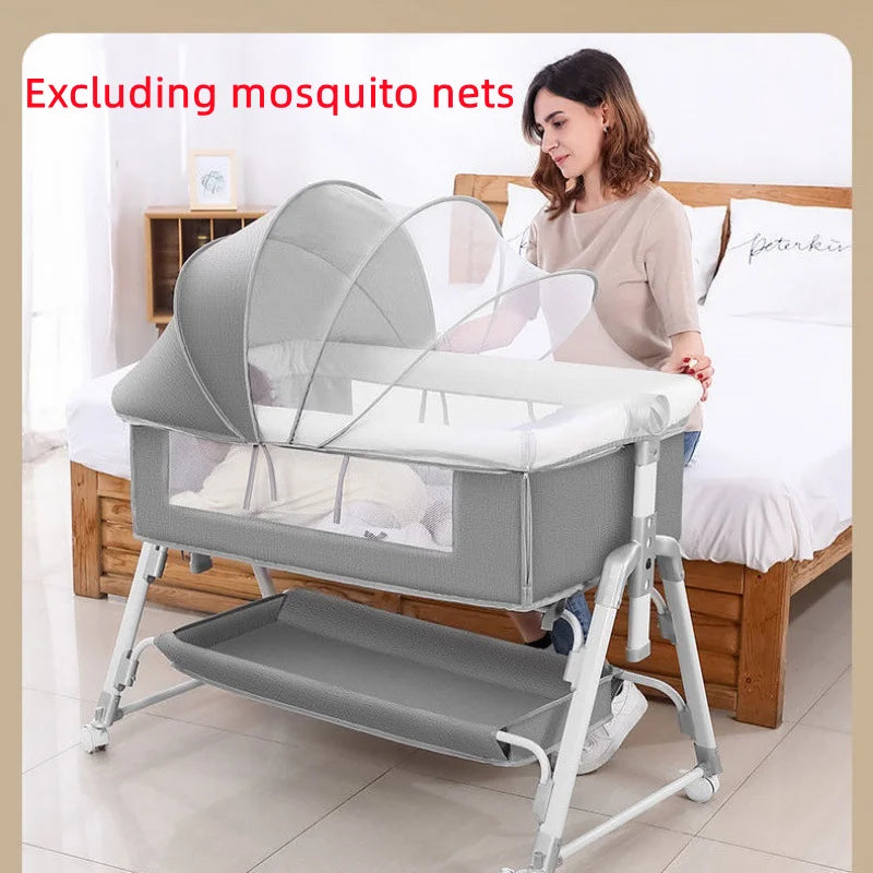 Foldable Baby Crib, Movable Baby Rocking Bed, Spliced Large Bed, Multifunctional, Foldable, Adjustable Height, Spliced