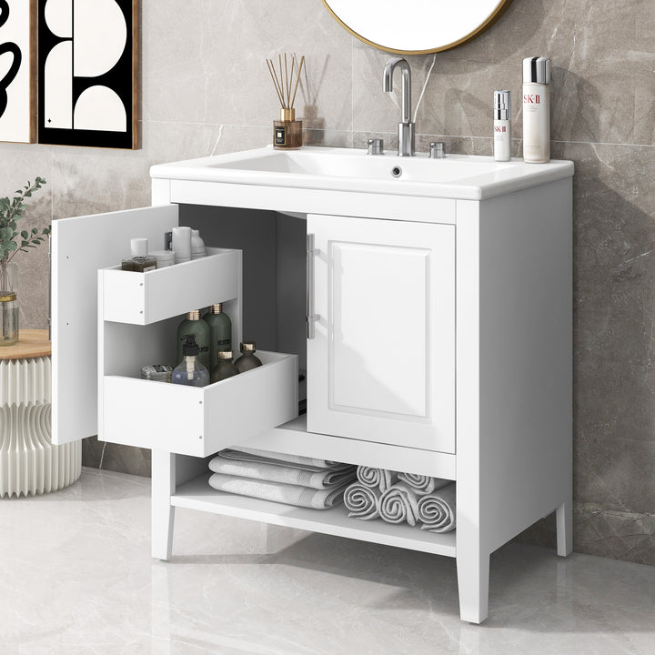 30" Bathroom Vanity with Sink  Multi-functional Bathroom Cabinet with Doors and Drawers Solid Frame and MDF Board, White