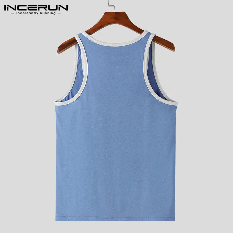 INCERUN Men Tank Tops Patchwork O-neck Sleeveless Streetwear 2024 Male Vests Fitness Summer Fashion Casual Men Clothing S-5XL