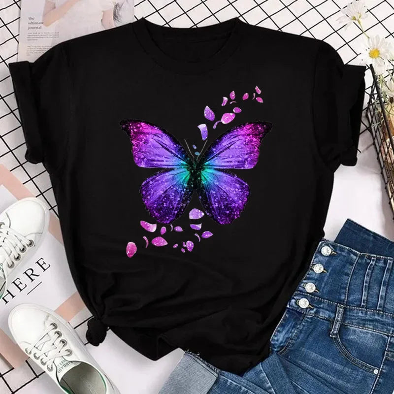 Women's Colorful Butterfly Petal Print T-Shirt, Short Sleeve, Round Neck, Cute Graphic Tee Shirts, Female Tops Clothes