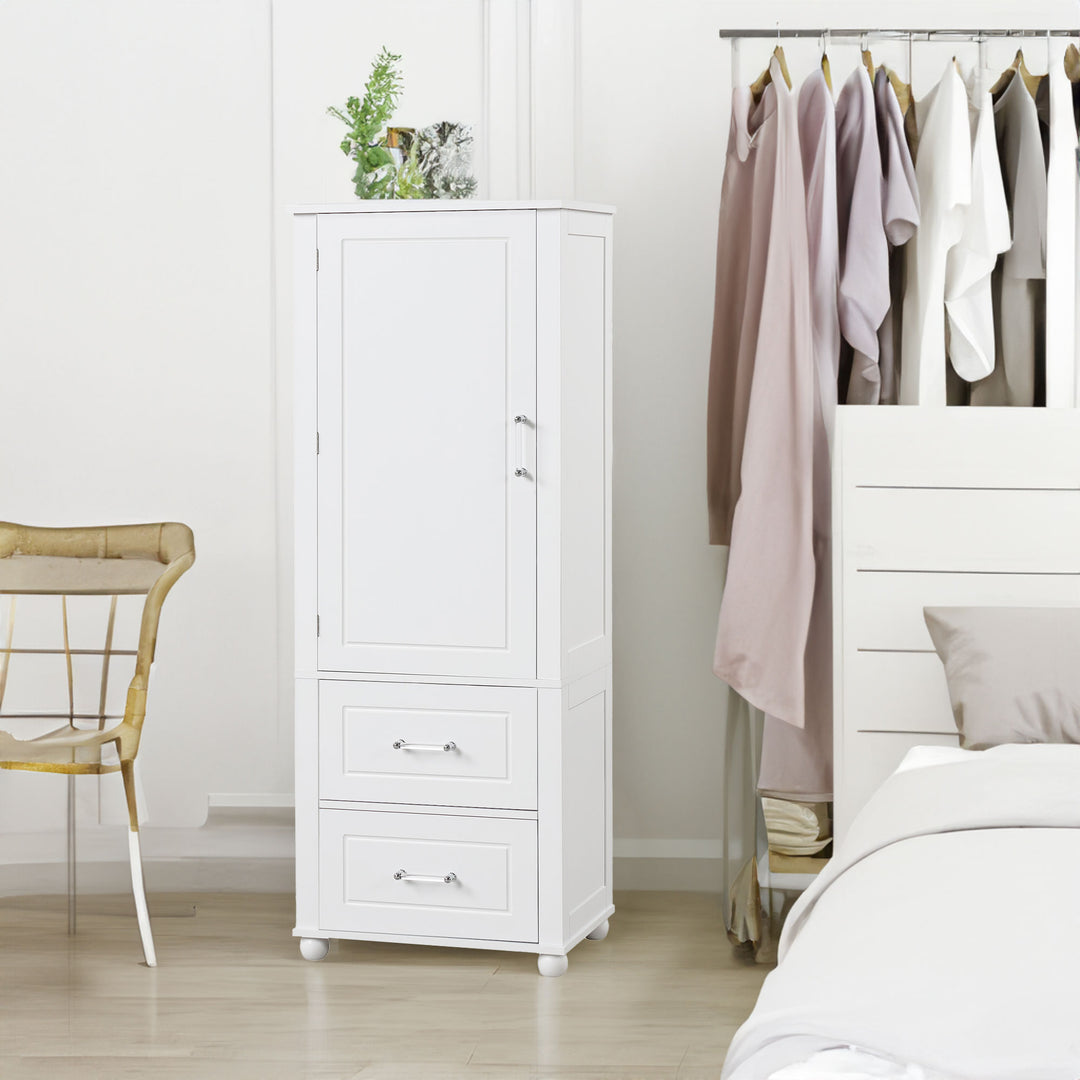 Tall bathroom storage cabinet with two drawers and adjustable shelves for independent storage