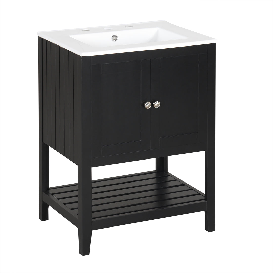 24 inch Modern Black Bathroom Cabinet With Ceramic Sink & Solid Wood Frame