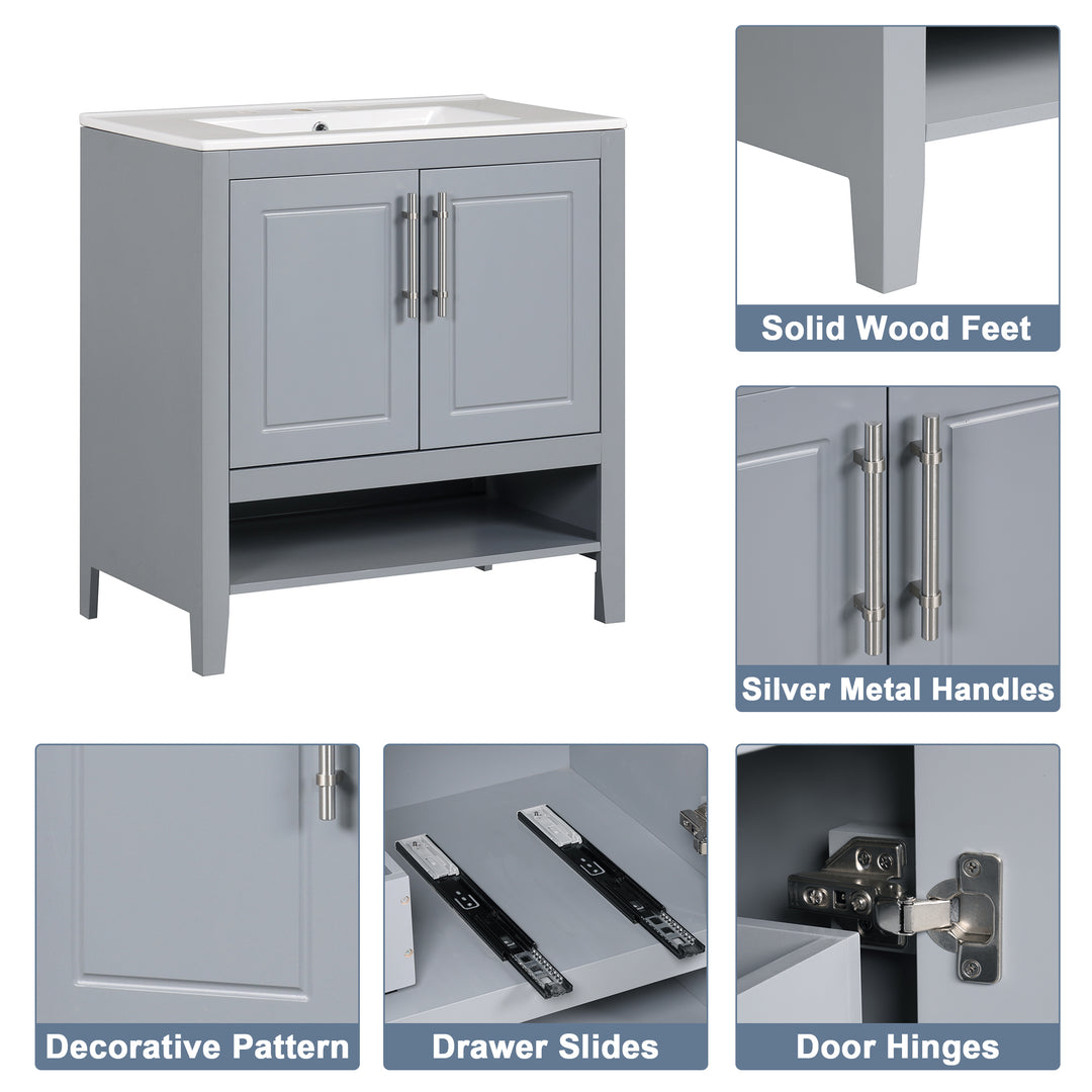 30" Bathroom Vanity with Sink, Multi-functional Bathroom Cabinet with Doors and Drawers, Solid Frame and MDF Board, Grey