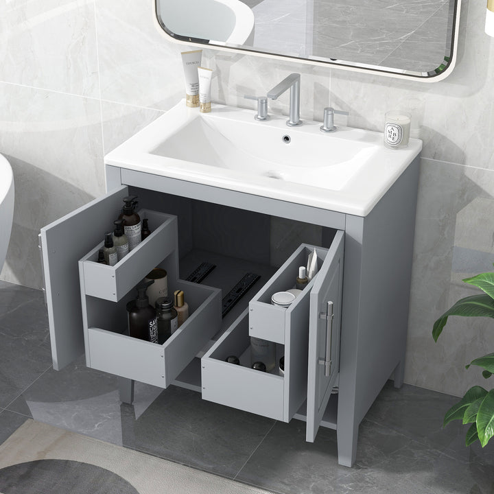 30" Bathroom Vanity with Sink, Multi-functional Bathroom Cabinet with Doors and Drawers, Solid Frame and MDF Board, Grey