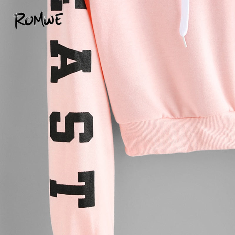 Sudadera con capucha corta con cordón de color rosa para mujer