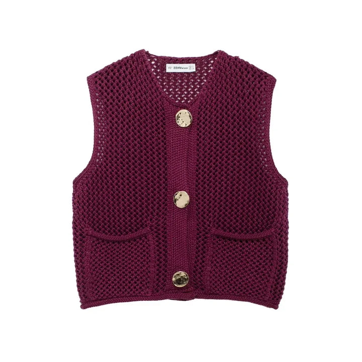 TRAF Women Fashion Sleeveless Coarse Needle Knitting Vest Sweater Female Chic Big Pockets Patch Buttons Cardigan Waistcoat Tops