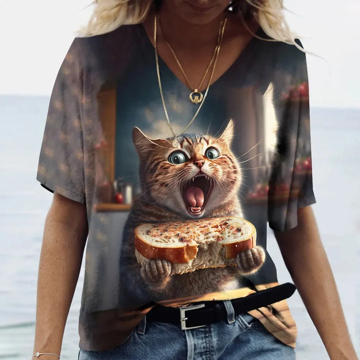 Fashion Women's T-shirt Cat Printed Short Sleeve Female Harajuku Tees Ladies T Shirt Oversized V-neck Tops Animal Women Clothing