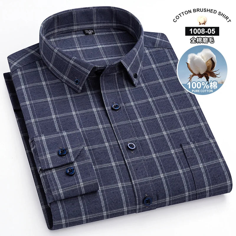 S~7Xl Large Size Men's Classic Brushed Plaid Long-Sleeved Shirt High-Quality Pure Cotton Casual All-Match Shirt Men's Clothing